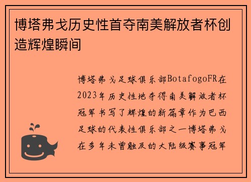 博塔弗戈历史性首夺南美解放者杯创造辉煌瞬间