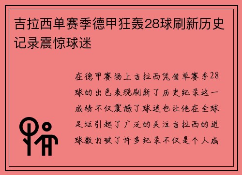 吉拉西单赛季德甲狂轰28球刷新历史记录震惊球迷 吉拉西单赛季德甲狂轰28球刷新历史记录震惊球迷