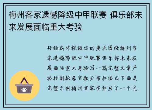 梅州客家遗憾降级中甲联赛 俱乐部未来发展面临重大考验 梅州客家遗憾降级中甲联赛 俱乐部未来发展面临重大考验