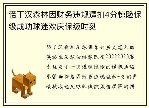 诺丁汉森林因财务违规遭扣4分惊险保级成功球迷欢庆保级时刻 诺丁汉森林因财务违规遭扣4分惊险保级成功球迷欢庆保级时刻